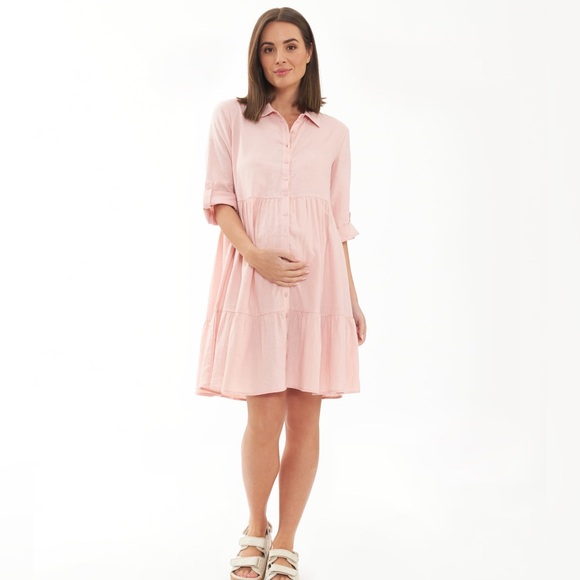 Ripe Maternity Women’s Adel Linen Blend Soft Pink Flowy Shirt Dress. Size M. NWT - Picture 2 of 12
